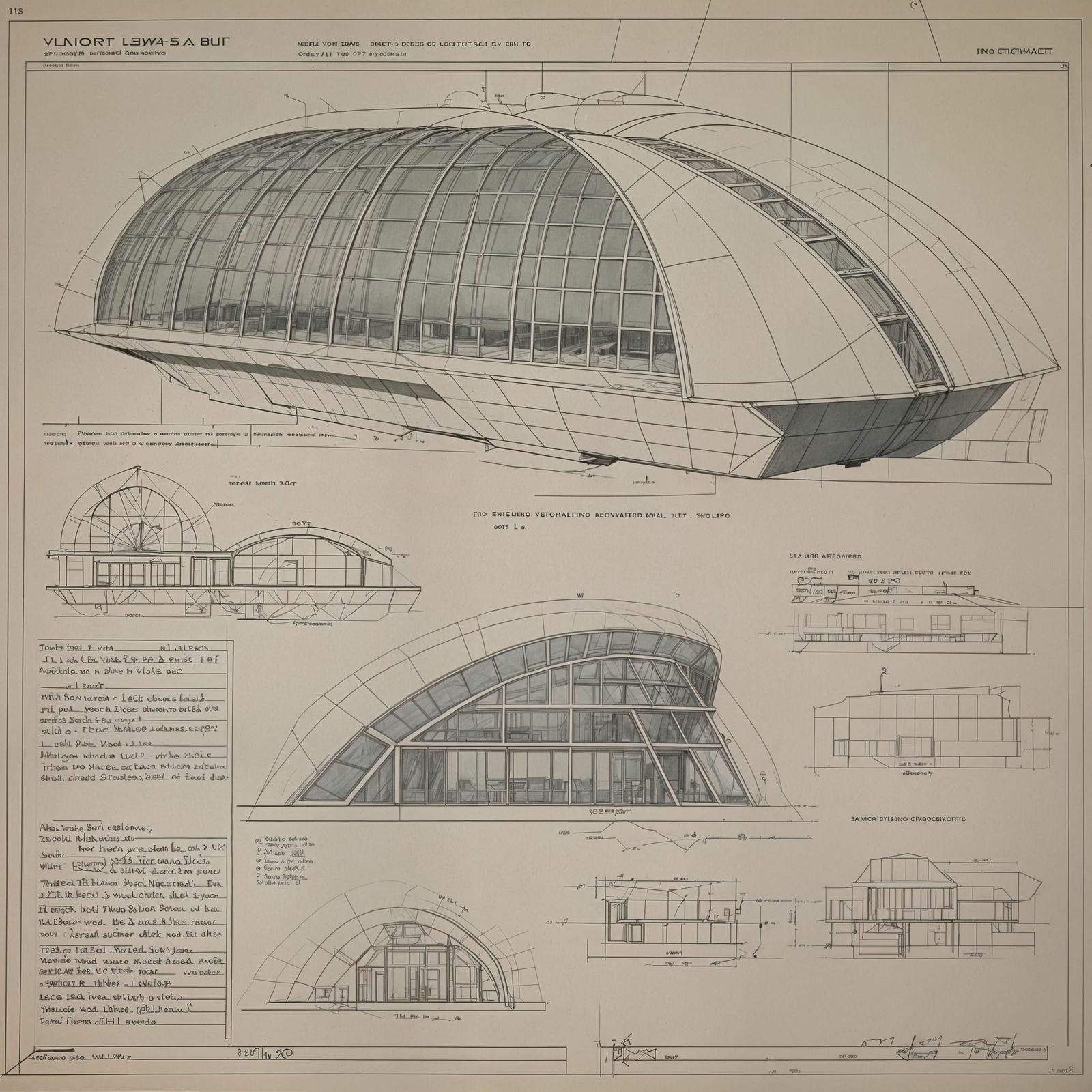 Botanical garden proposal, side view, engineering drawing, specification notes, blueprints