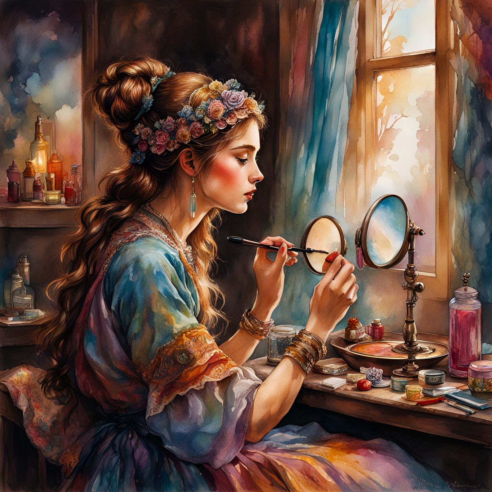 Girl's Makeup Illustration in Watercolor Ink