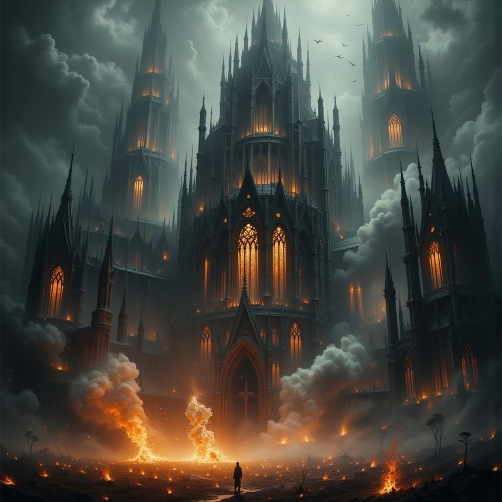 Burning Matchsticks Form Gothic Cathedral in Dark Fantasy St...