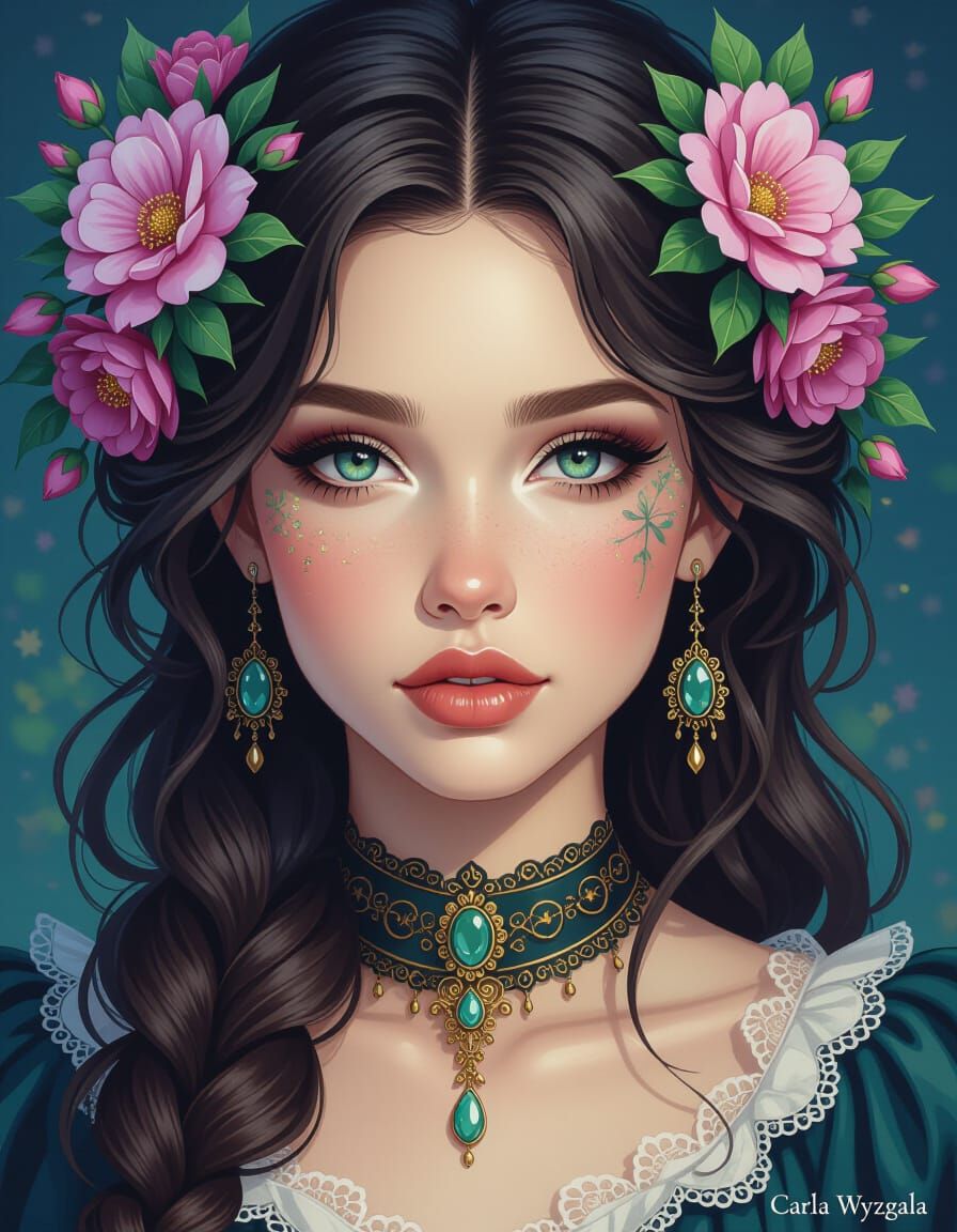 Gothic Fantasy Portrait of a Woman with Flowers