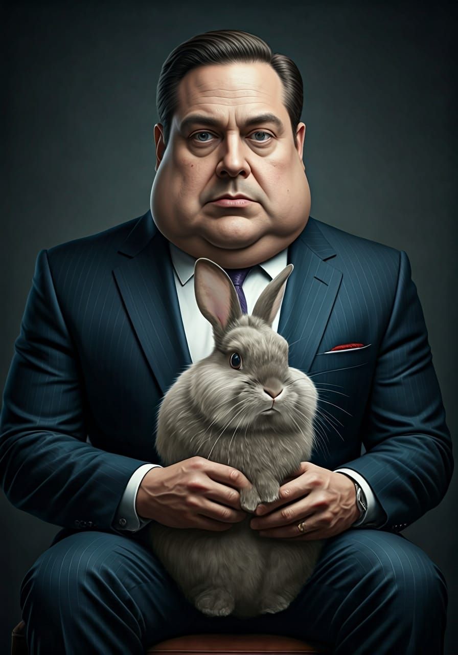 Funny Meme Portrait: Puffy-Faced Person with Rabbit