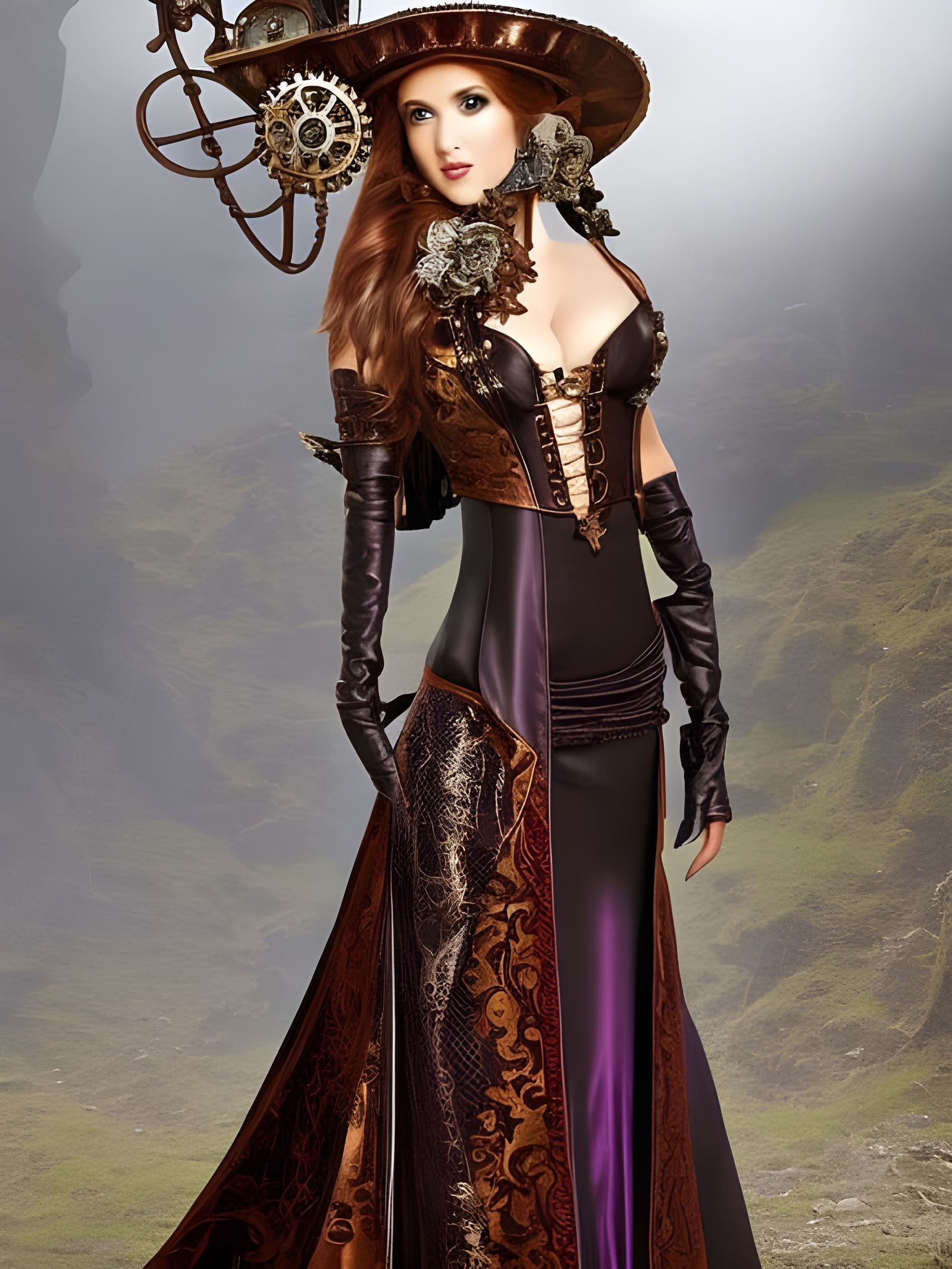 Steampunk Goddess with Gears in Mystical Setting