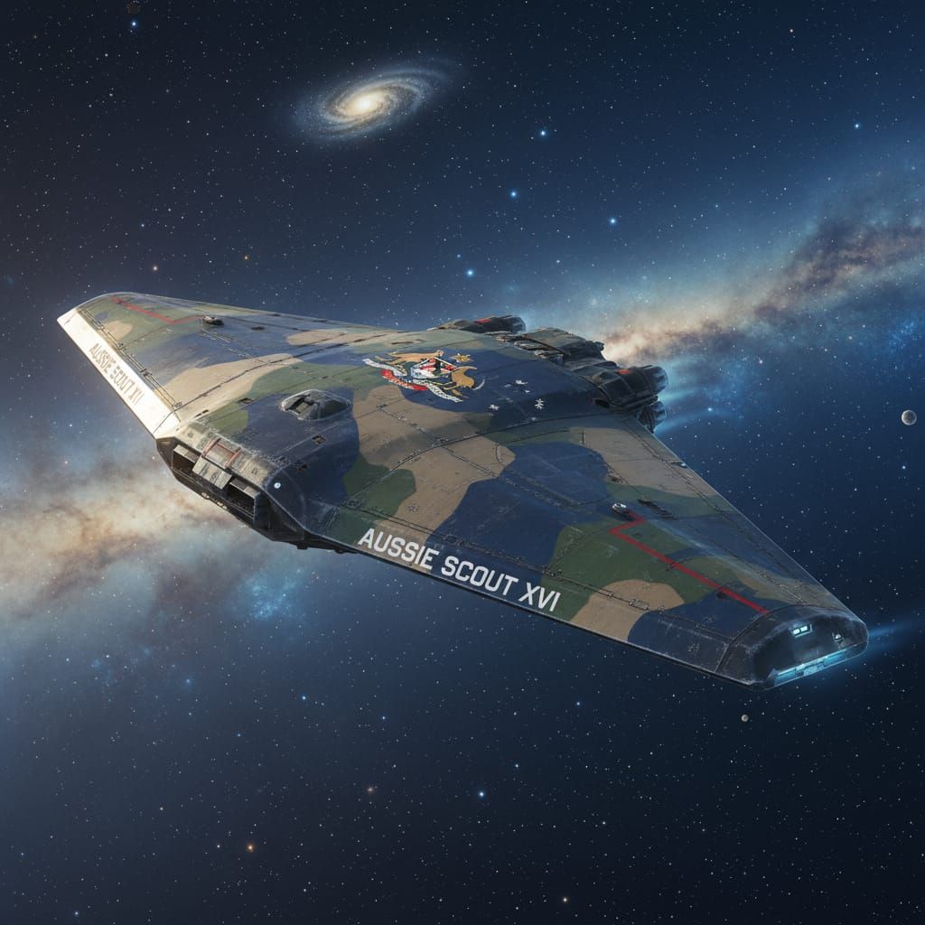 Boomerang Spaceship with Australian Insignia in Galactic Spa...