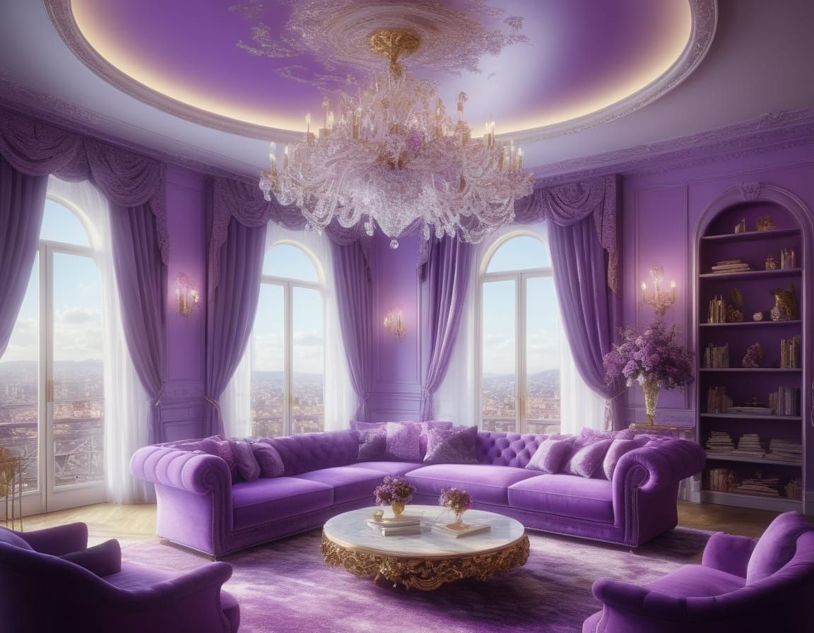 Luxurious lilac purple penthouse with lilac purple walls and...