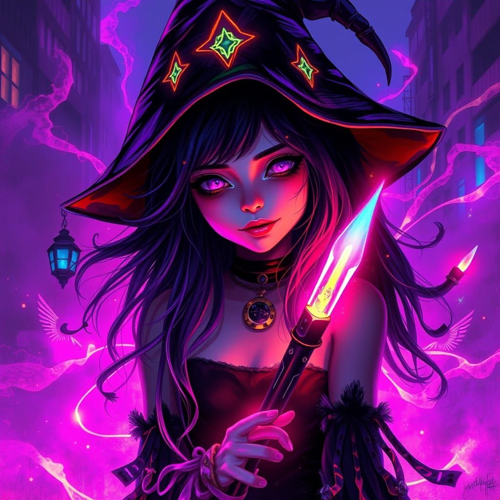 Mystical Neon Sorceress in Cyberpunk Dreamscape