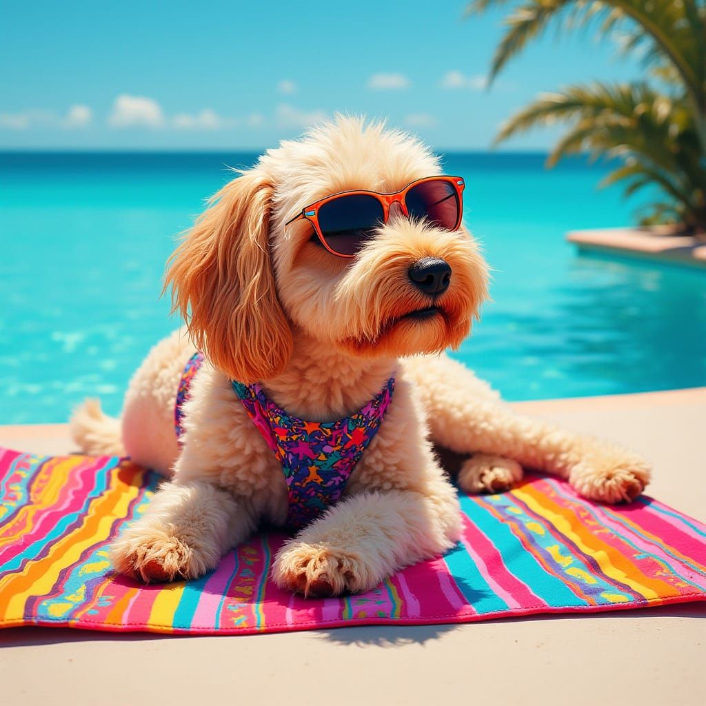Cockapoo Dog in Bikini by Pool, Vibrant Art Style