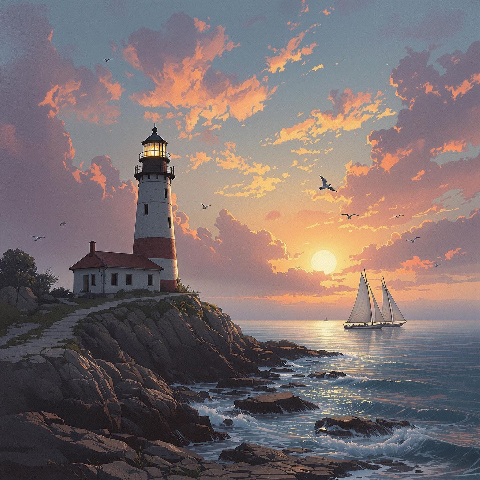 Surreal Sunset Lighthouse Scene with Sailboats and Seagulls