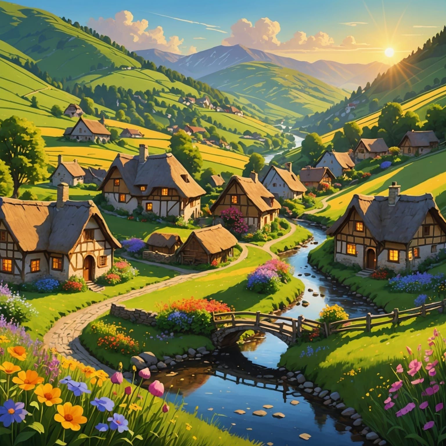 Picturesque Village in Valley: 2D Cartoon Scene