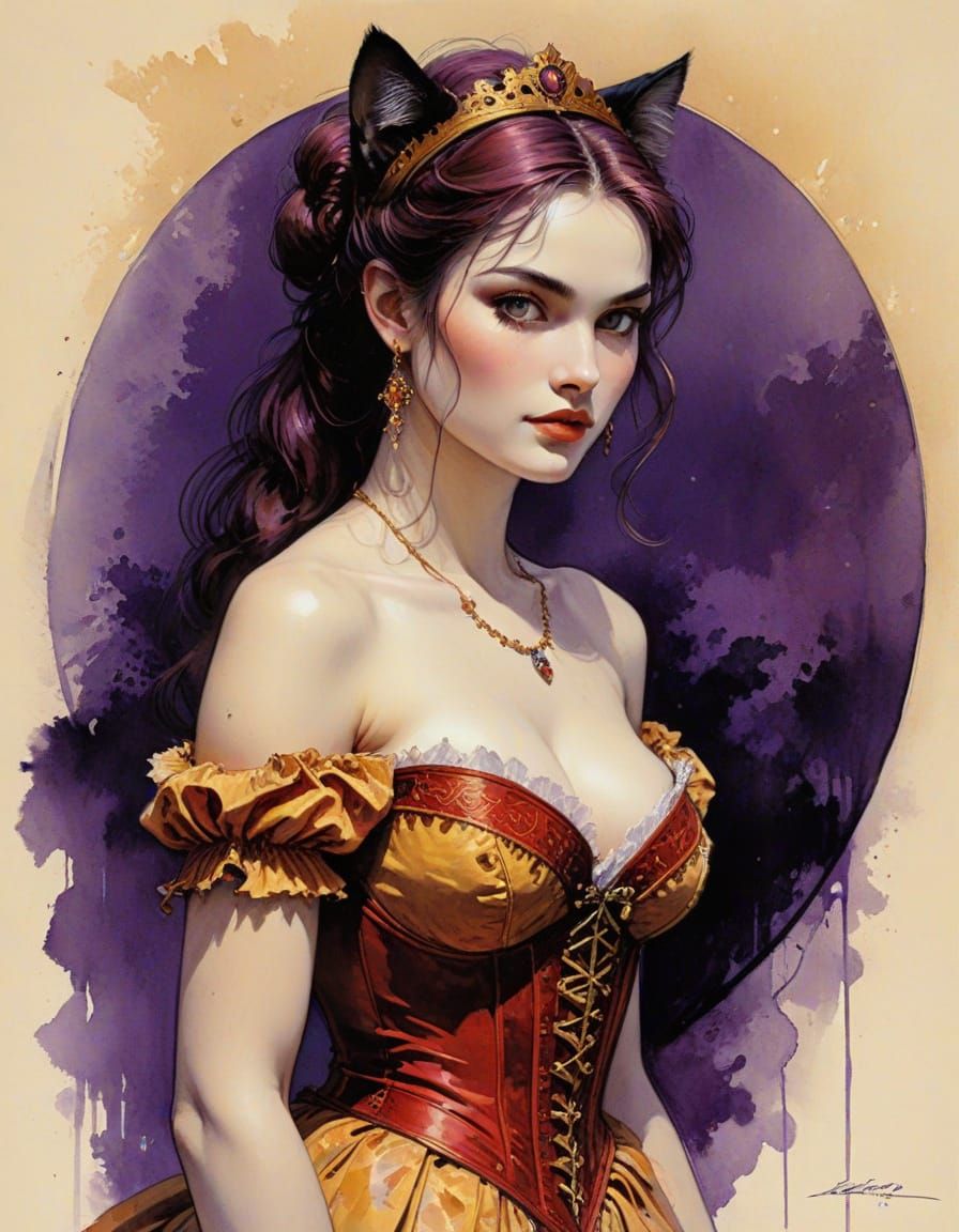 Vibrant Cat Princess in Chiaroscuro
