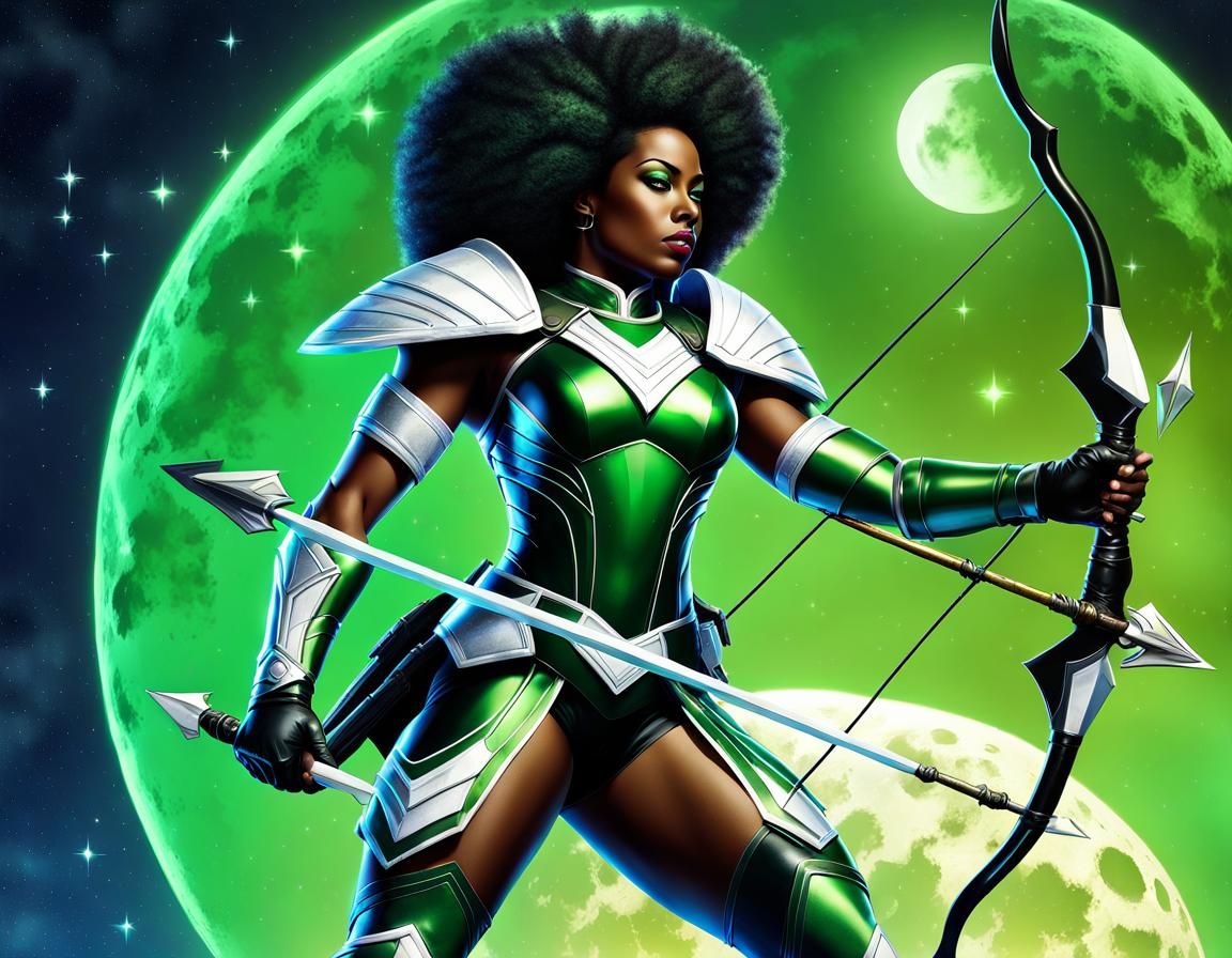 Cosmic Goddess in Green and White Armor with Glowing Moonlit...