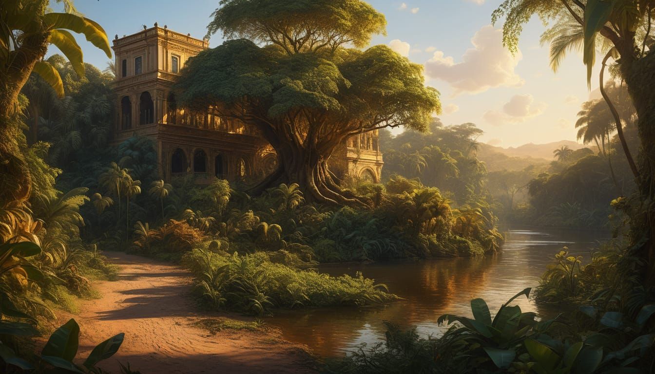 Lush Jungle Landscape on the Nile in Baroque Style