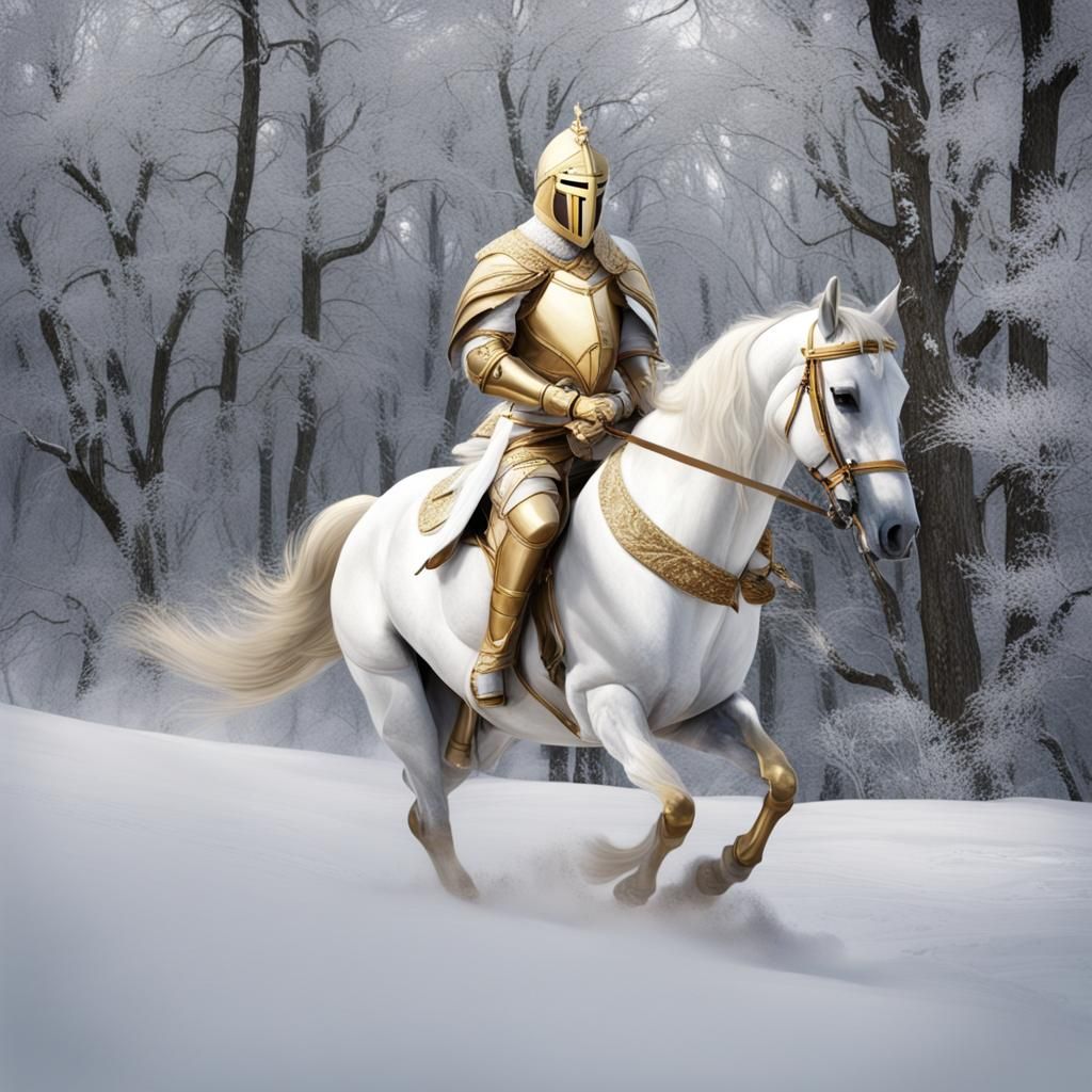 White and Gold Knight on Horse in Winter
