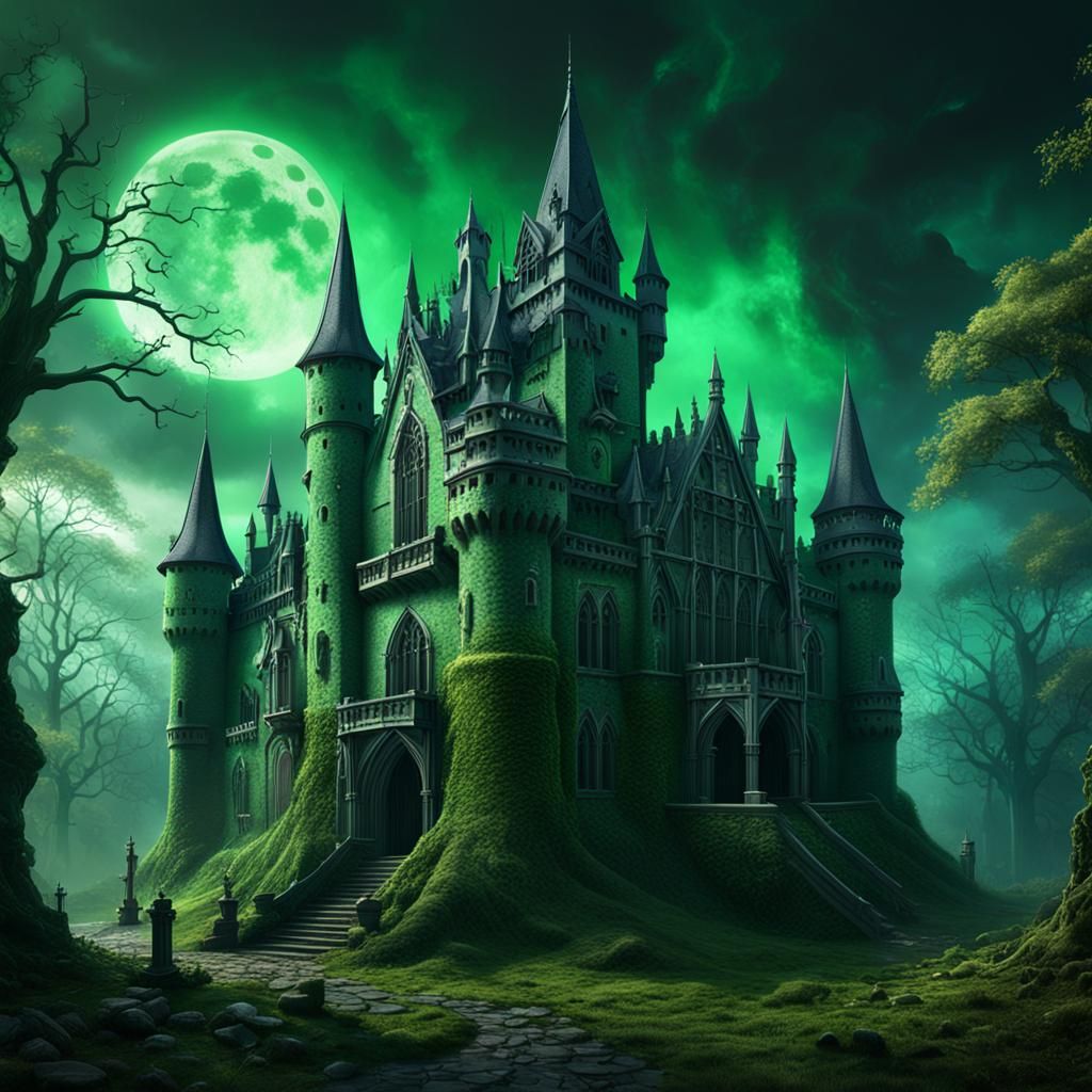 Mysterious Gothic Castle with Ghostly Green Hue