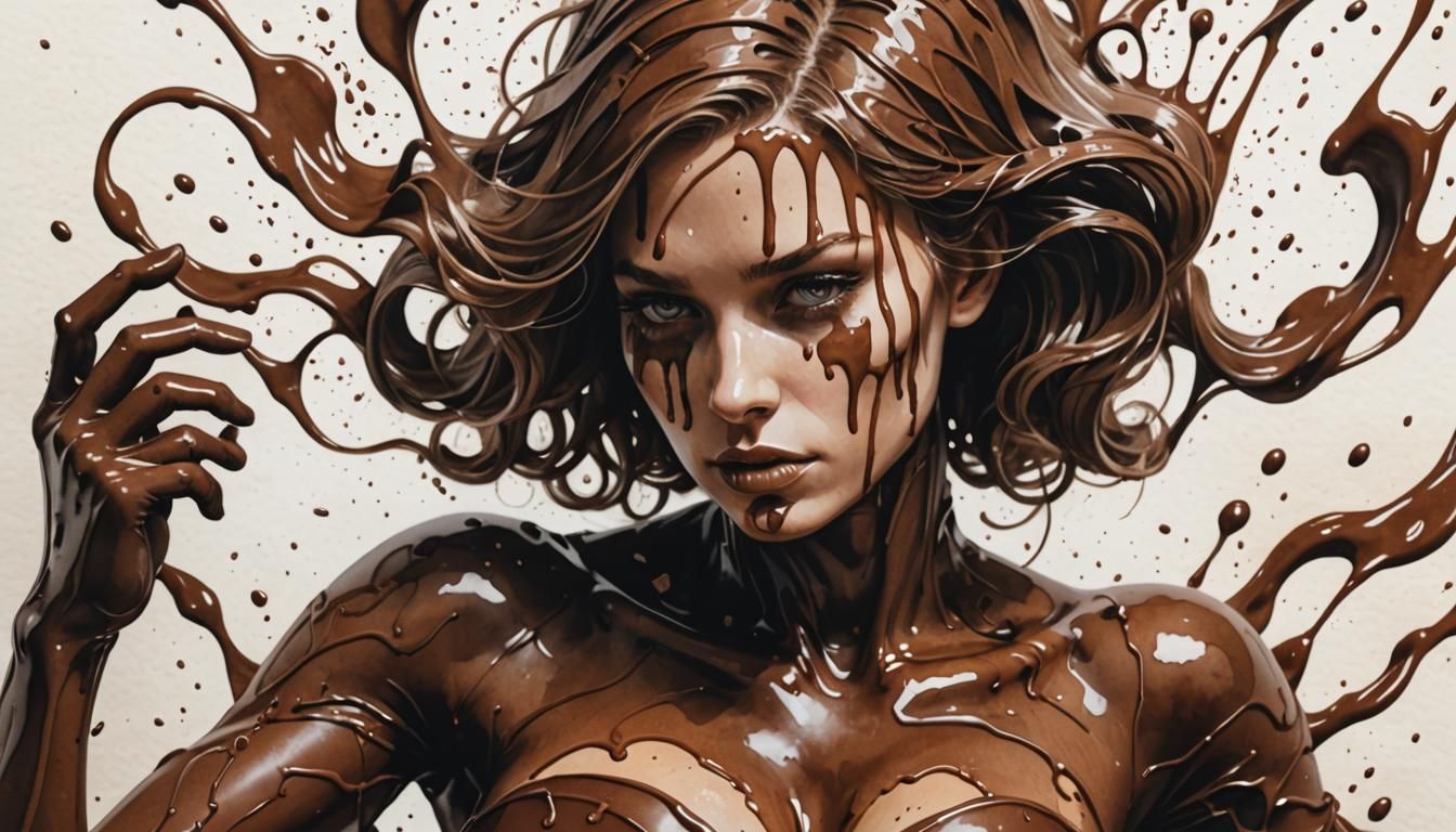 Woman covered in melted chocolate