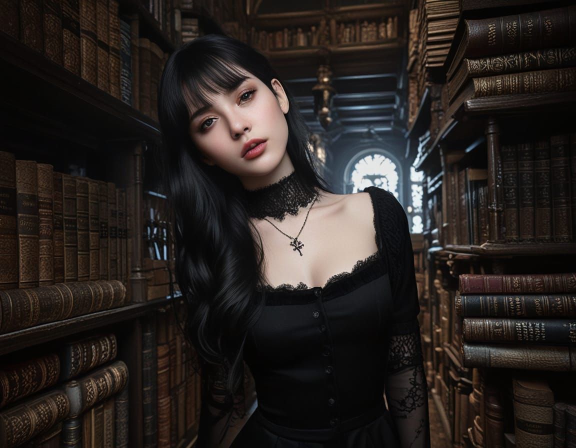 Gothic Woman in Bookshop: Hyper-Realistic Portrait