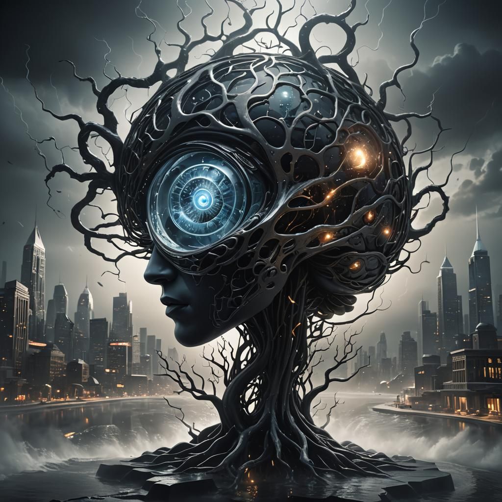 Glass Brain in Futuristic Cityscape, 3D Render