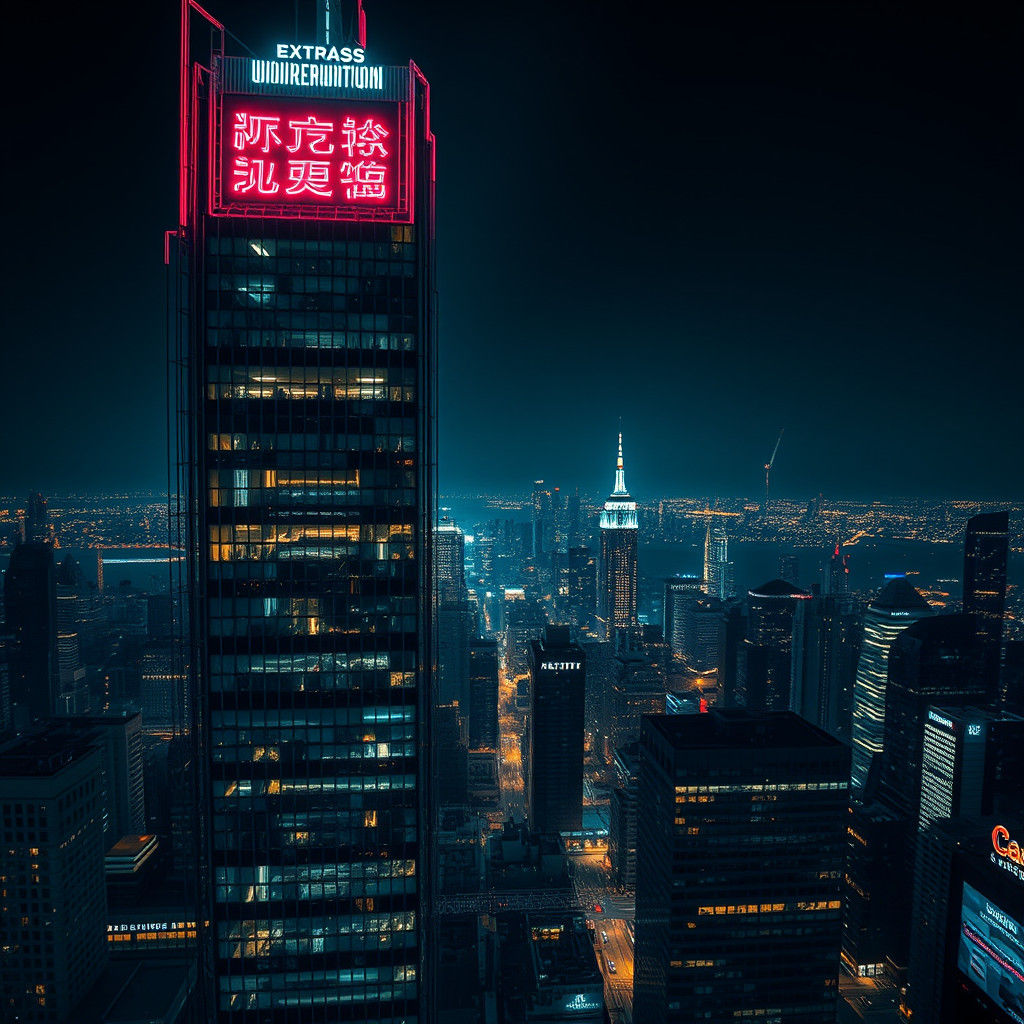 Hyperrealistic Skyscraper at Night with Neon Lights