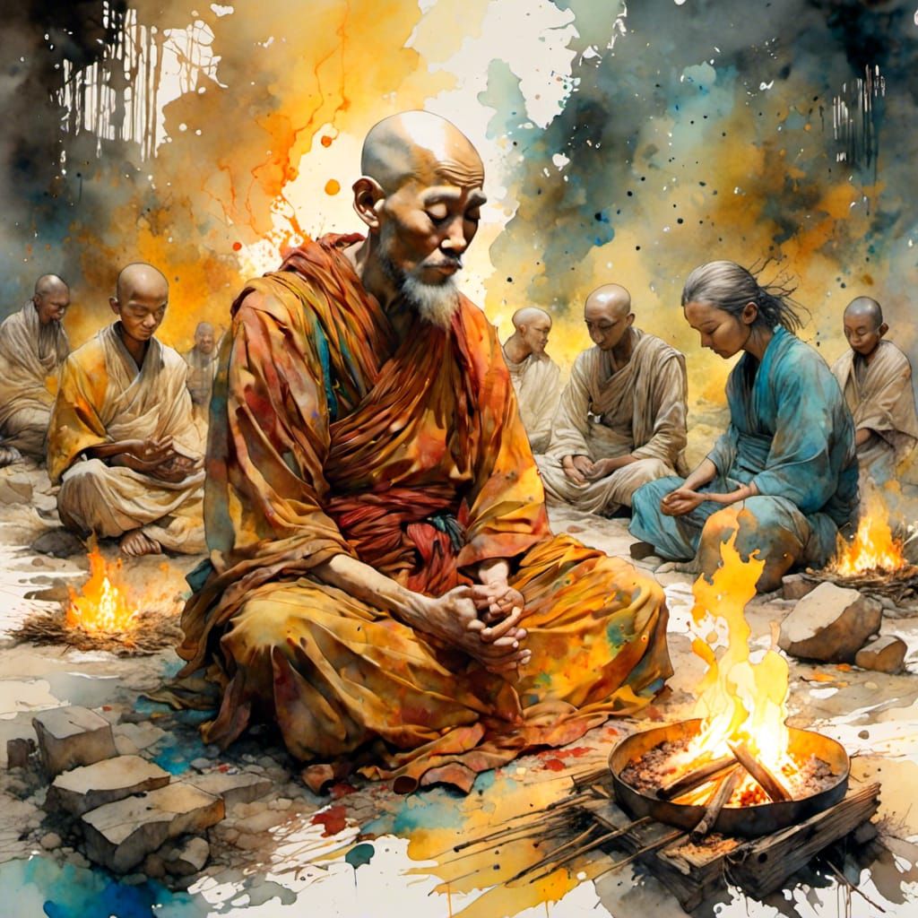 Monks Praying Around Campfire in Hyperrealistic Style