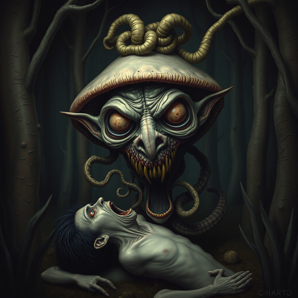 Grotesque Mushroom Monster Devouring Human in Dark Forest