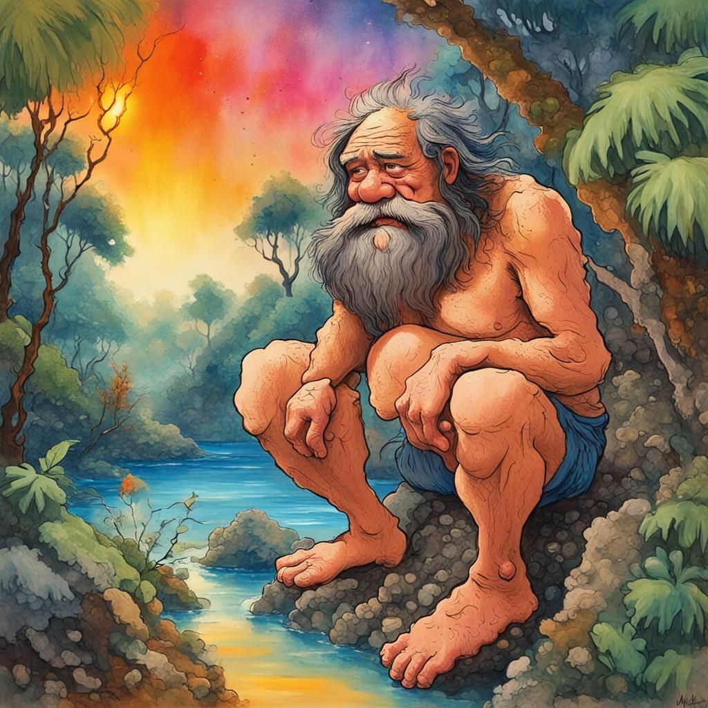 Upset Caveman in Sunset Jungle, Splash Art