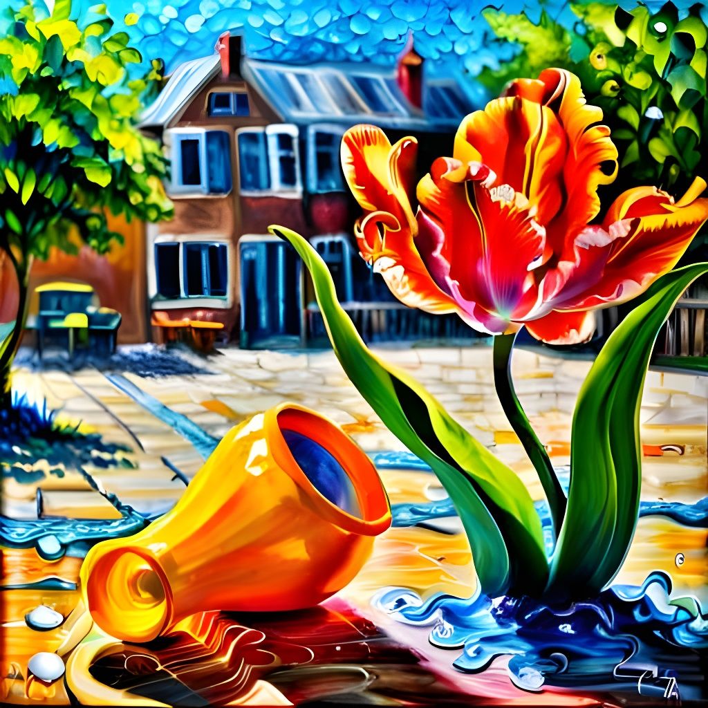 Chihuly-Style Glass Tulip Sculpture in Courtyard