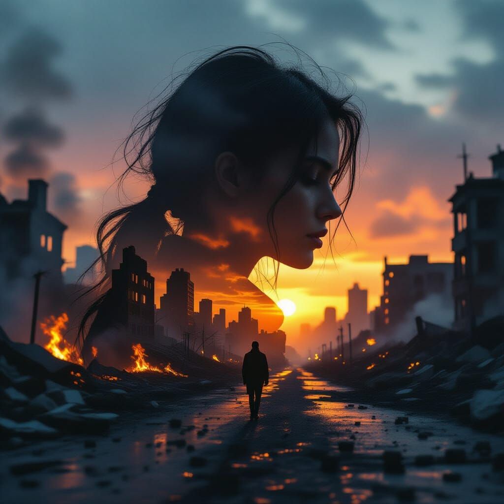 Cinematic Double Exposure: Post-Apocalyptic Cityscape in Pro...