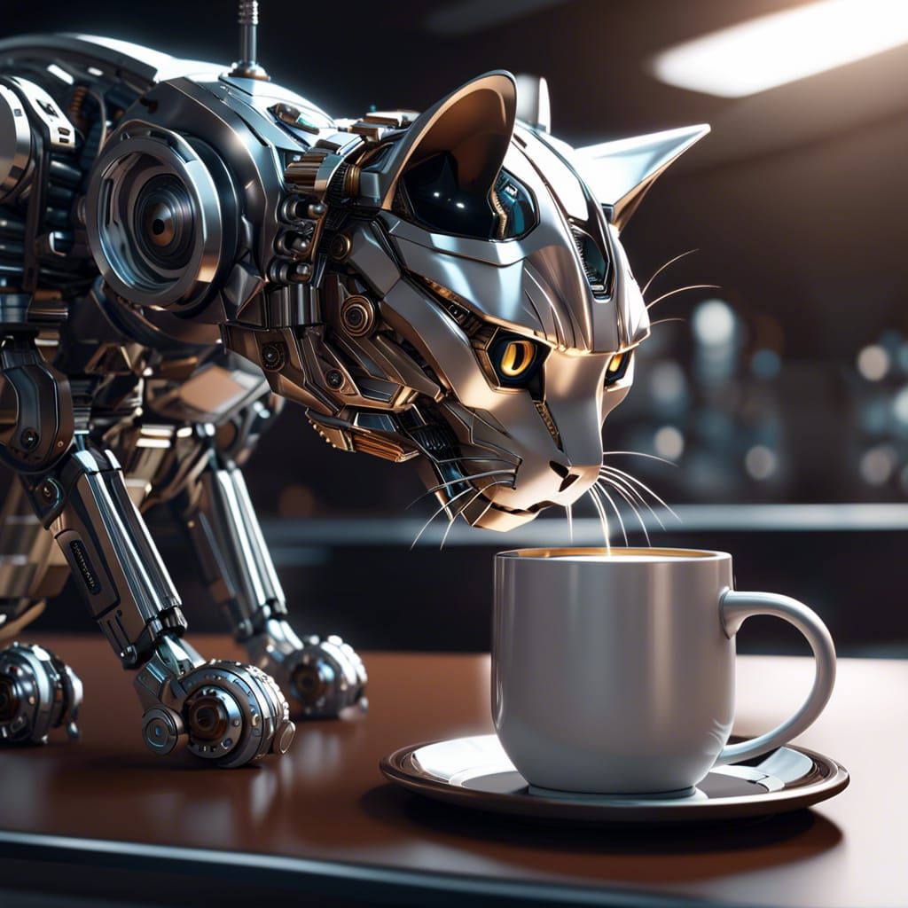 Robot Cat Sniffs Coffee in Sci-Fi Setting