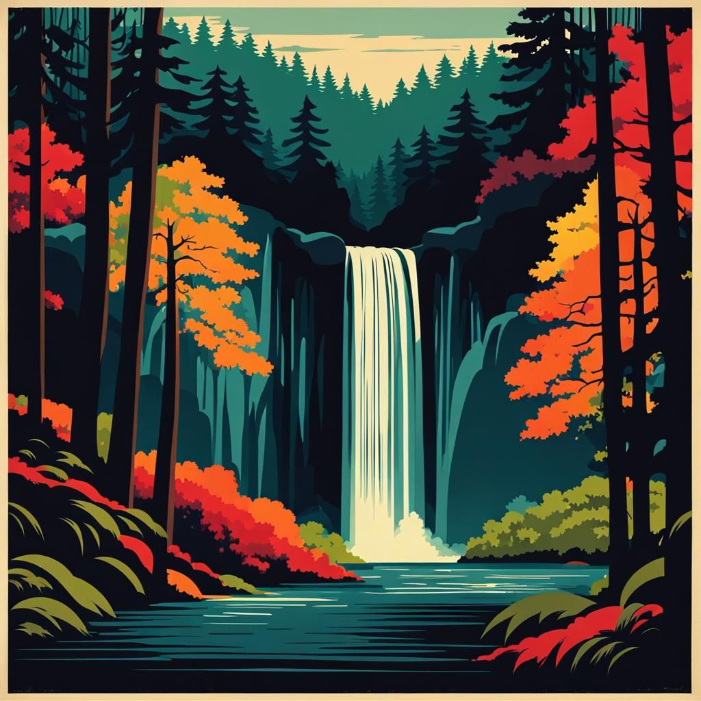 Vintage Waterfall Travel Poster in Colorful Style