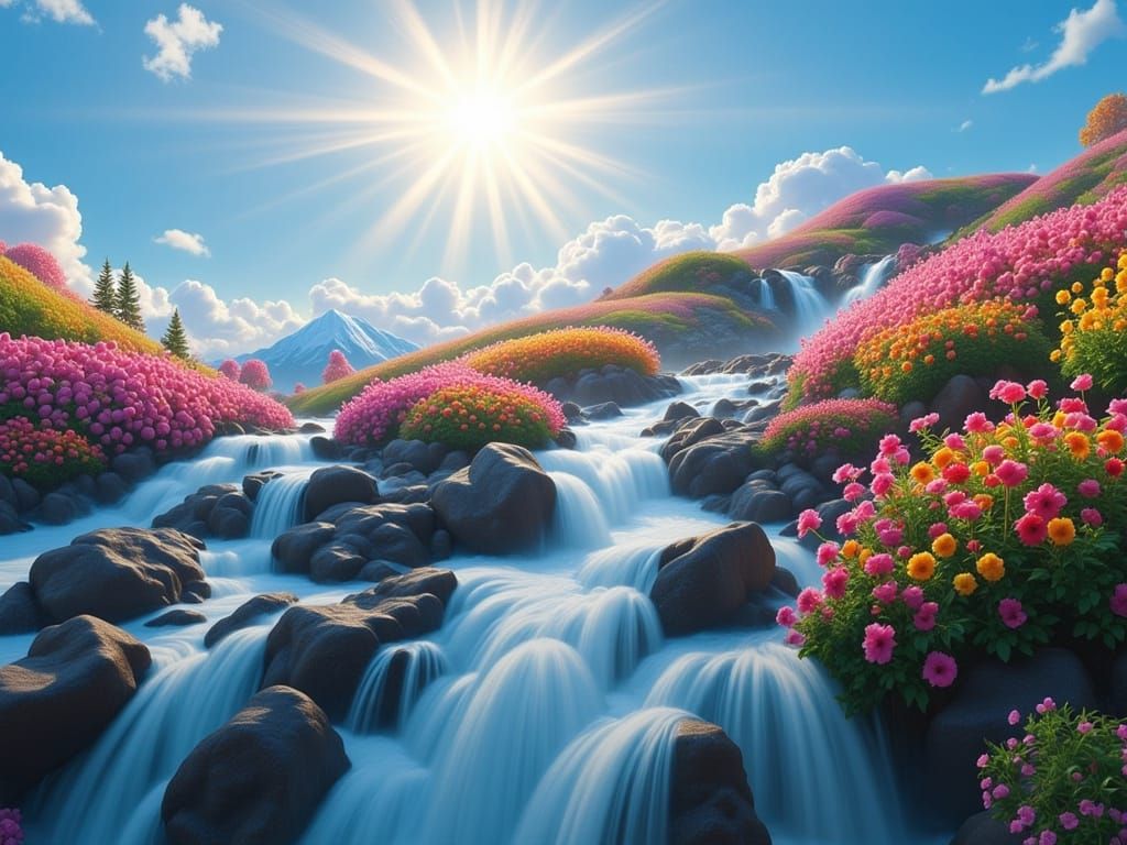 Colorful Waterfall Cascading from Cloud with Fractal Sun Ray...