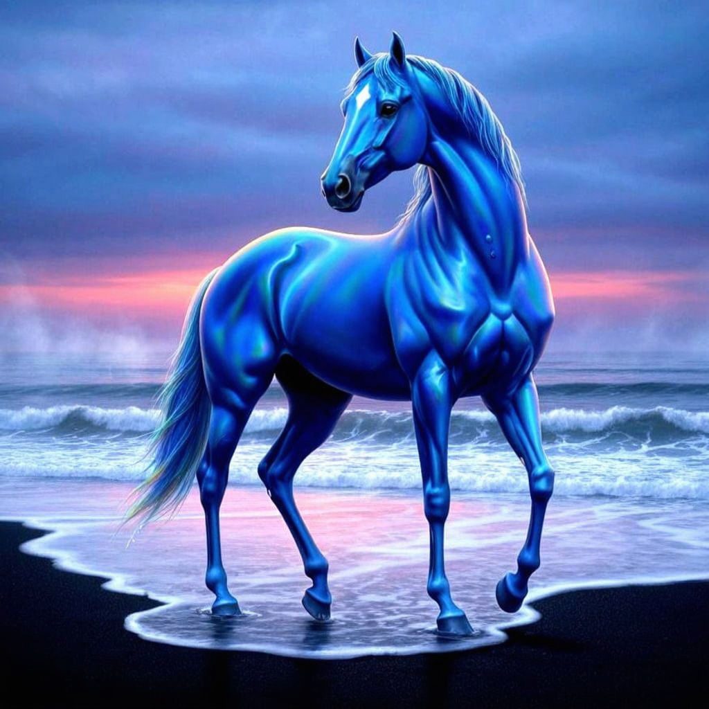 Blue Sea Glass Stallion on Black Sand Beach