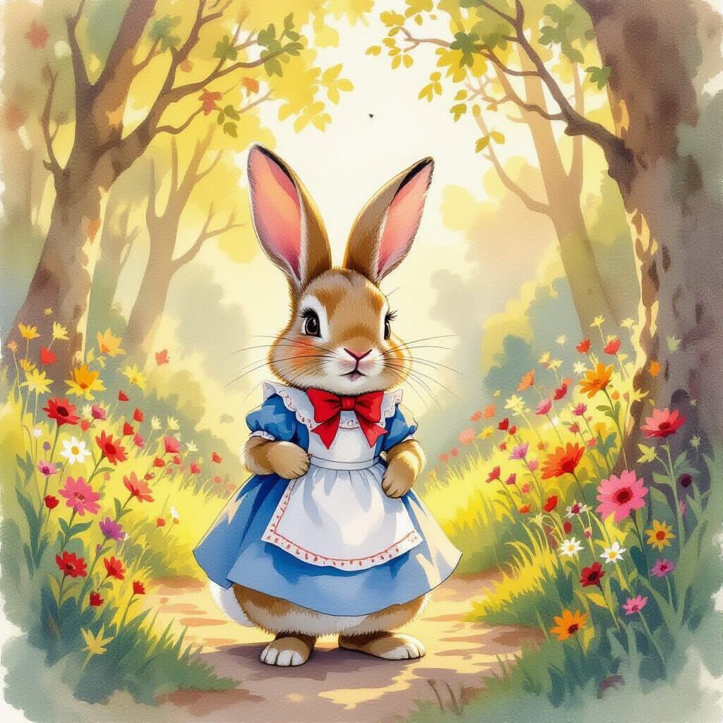 Whimsical Alice Rabbit Character in Watercolor Style