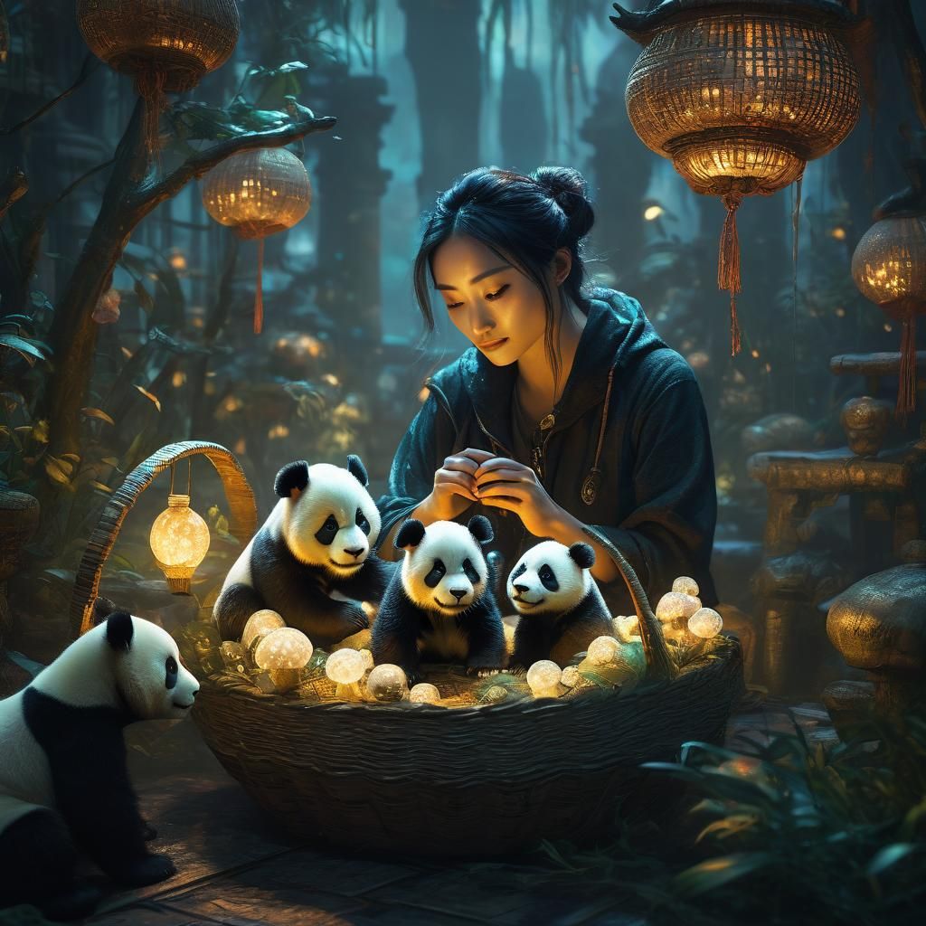Woman and Panda Cubs in Mystical Nursery