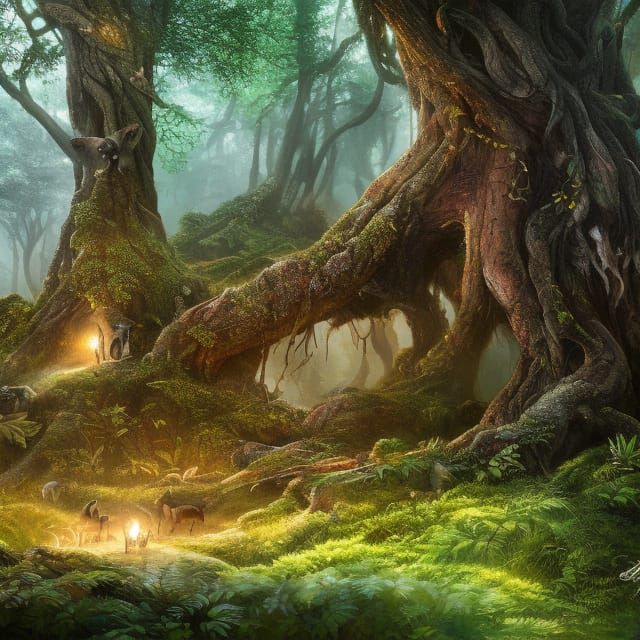 Enchanted Forest Animals Gather Around Ancient Tree