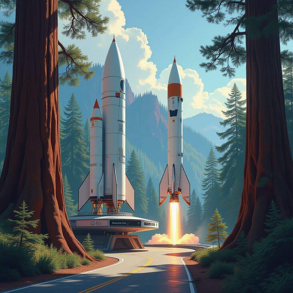 Futuristic Spaceport Among Redwood Giants