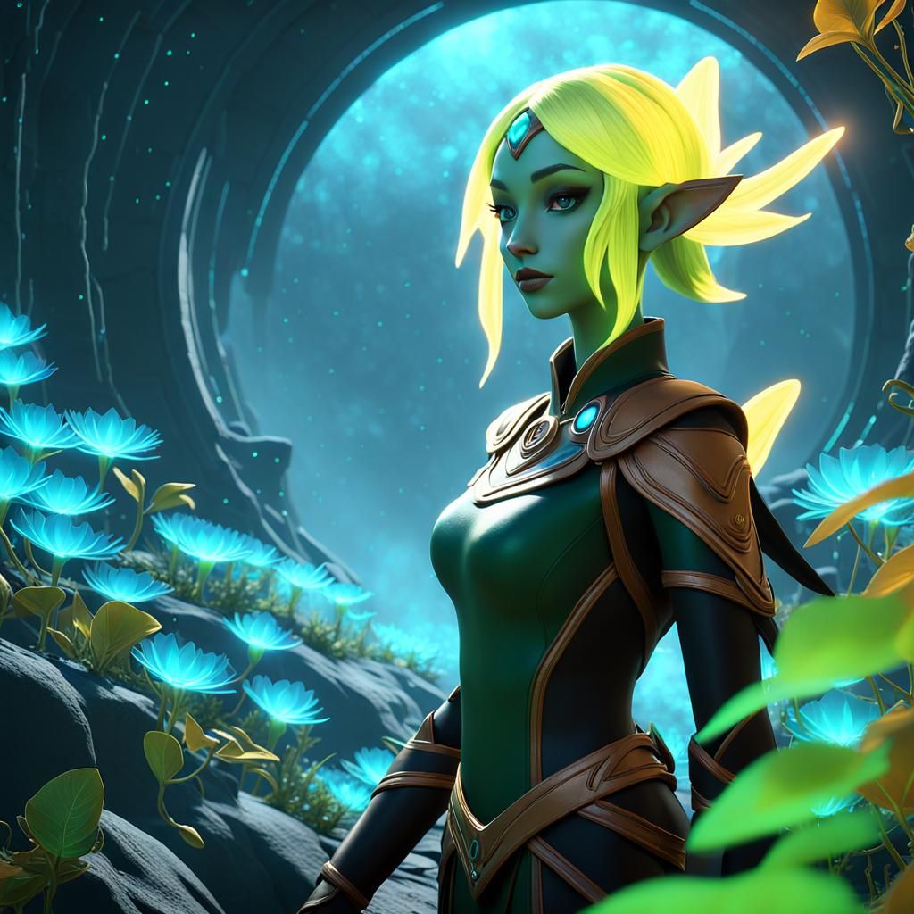 Elven Girl Exploring Alien Planet in Anime Style