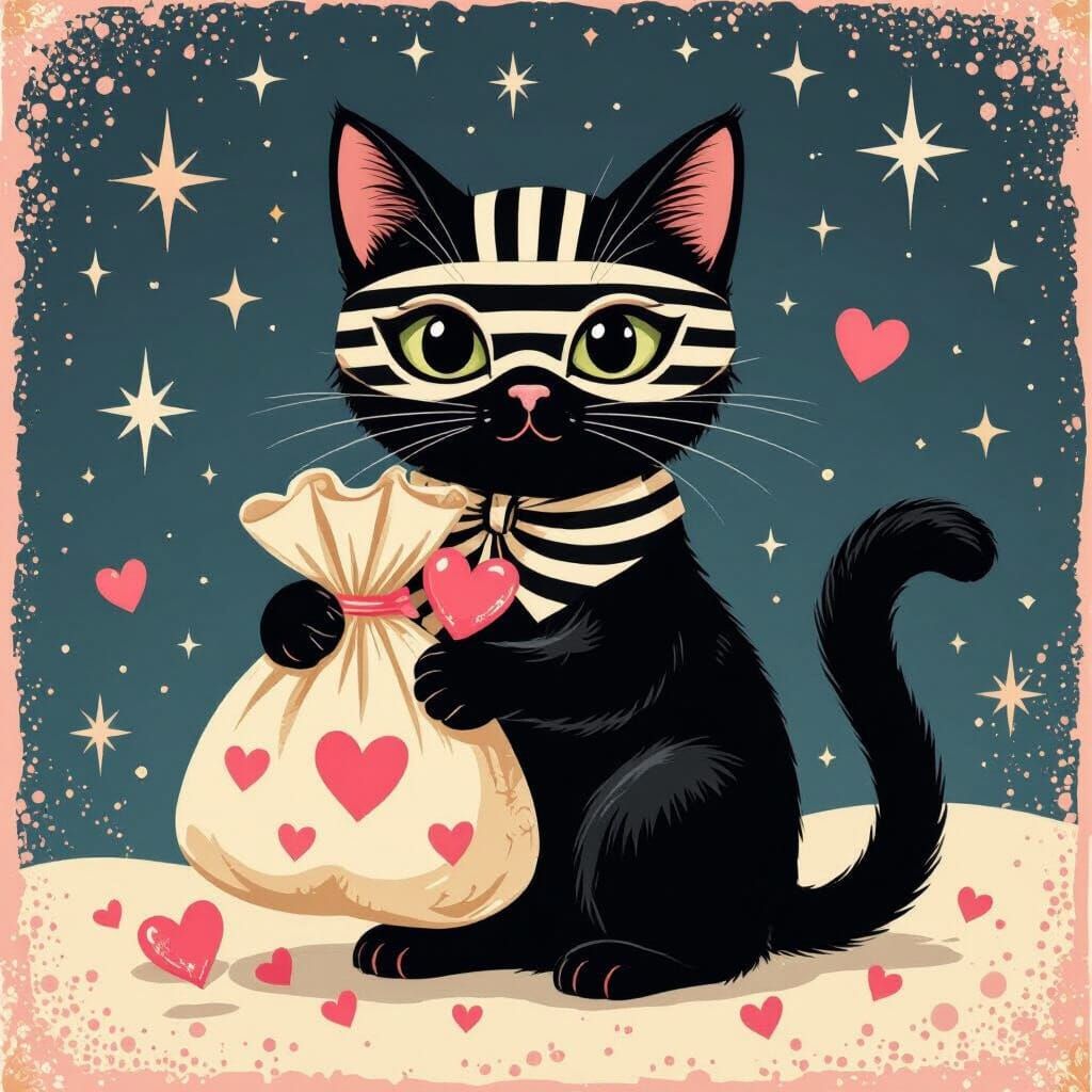 Retro Black Cat Burglar Stealing Hearts Illustration