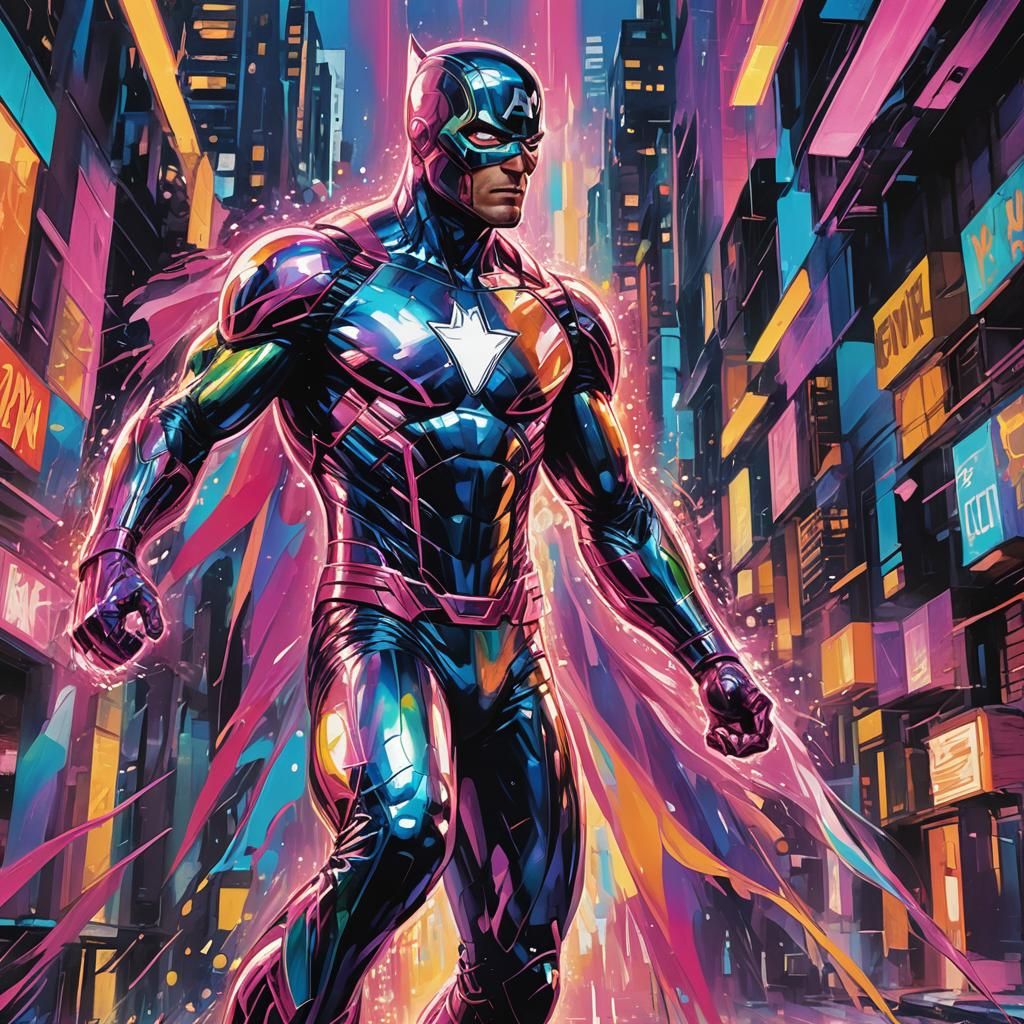 Superhero in Neon Cityscape: Marvel Comics Style