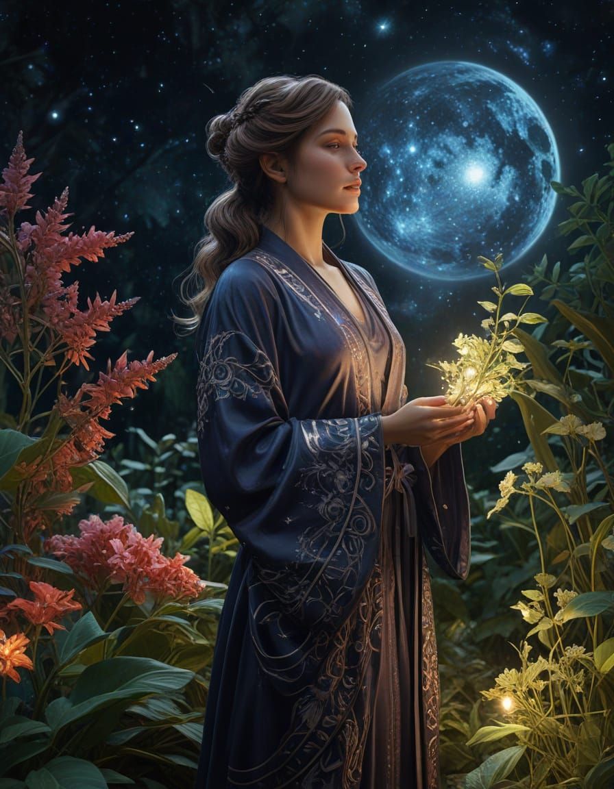 Cosmic Herbalist Tending Starlight Plants in Nebula Garden