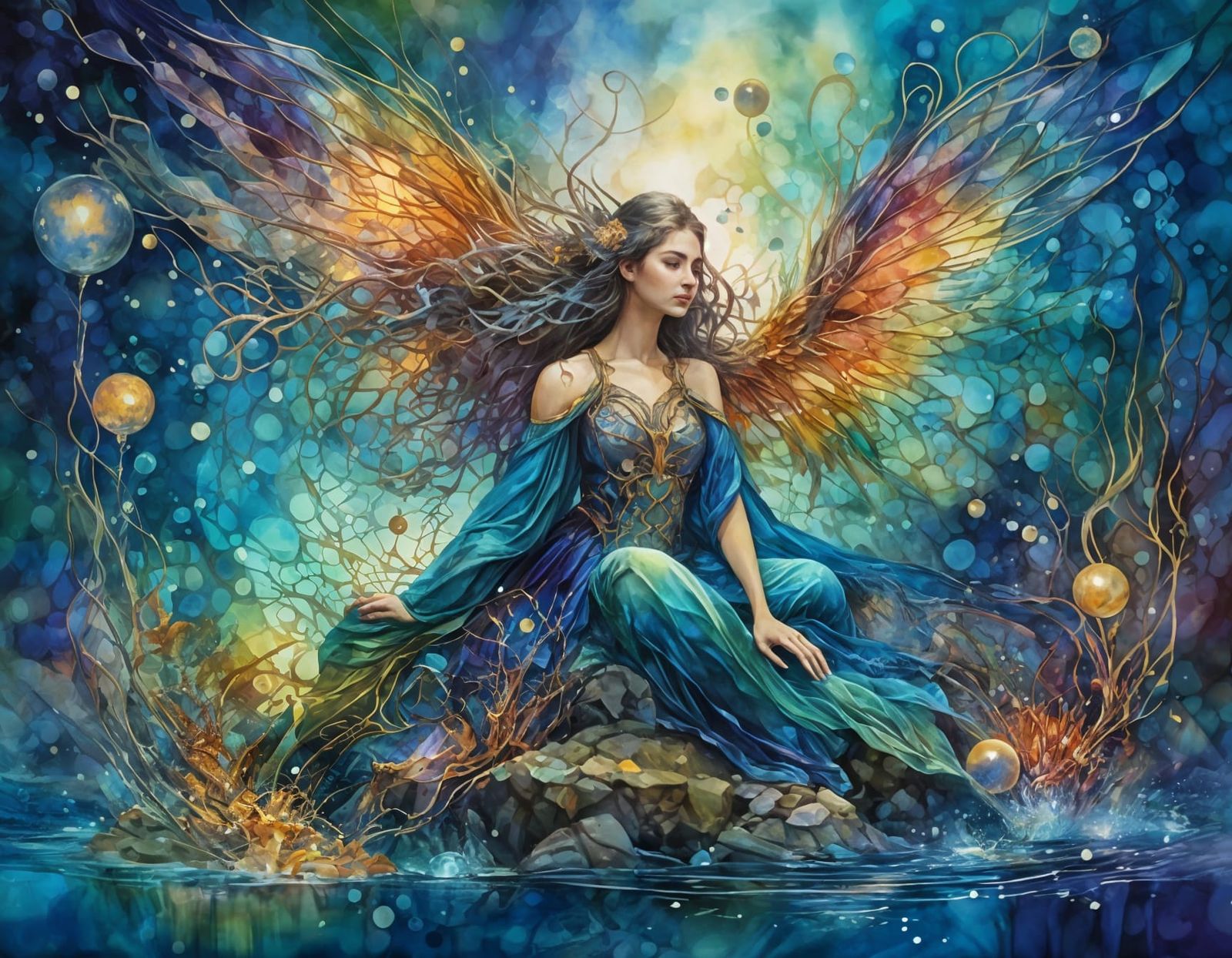 Winged Woman in Mystical Waters: Fantasy Art