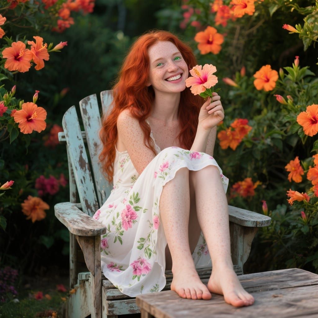 Woman in Hibiscus Garden, Hyperrealistic Style