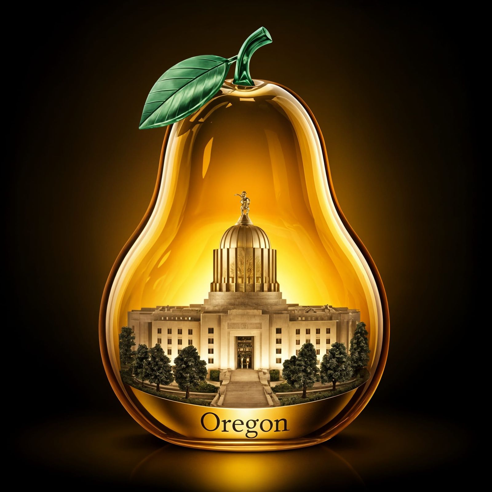 Golden Oregon Capitol Building Diorama in a Crystal Pear