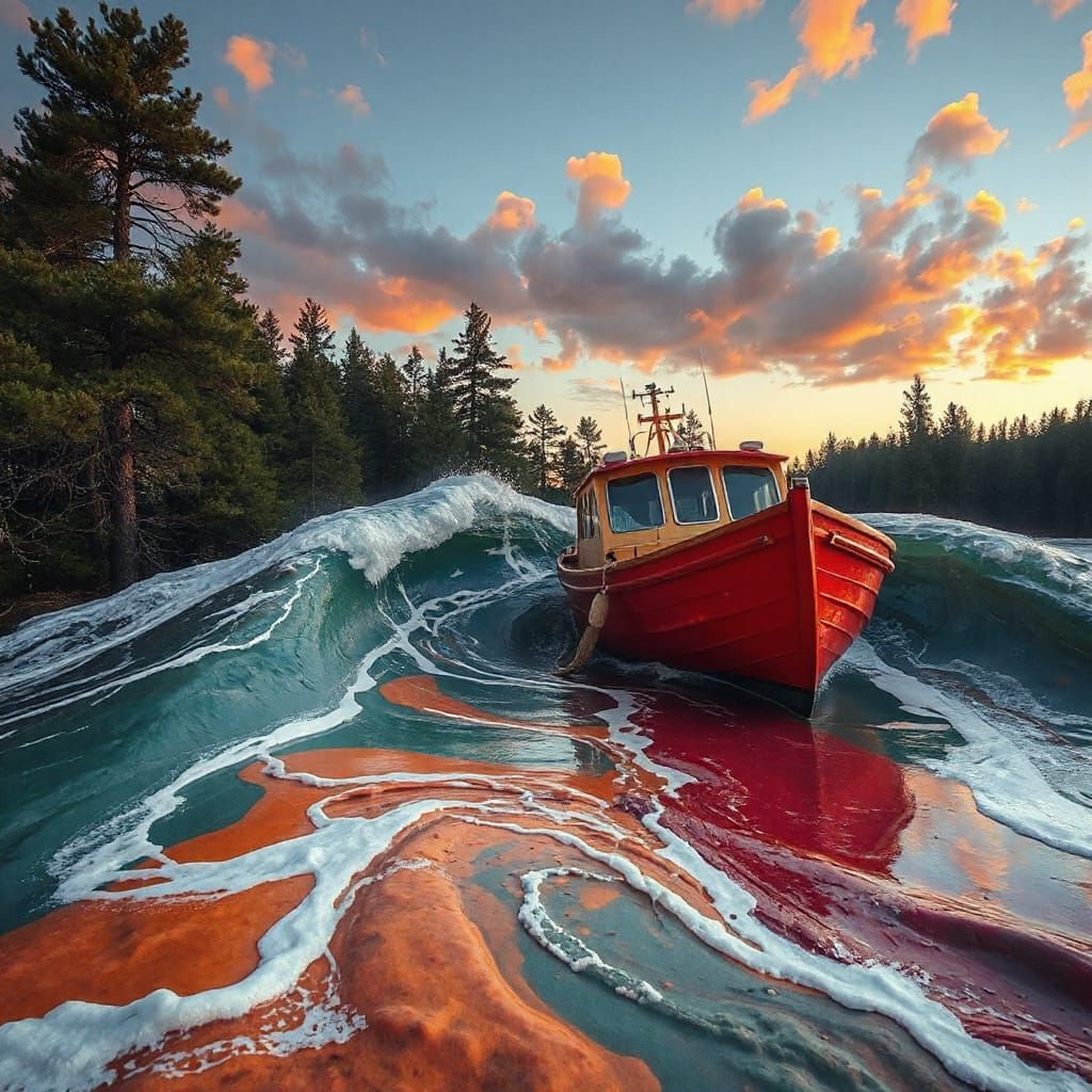 Surreal Fishing Boat on a Molten Sea