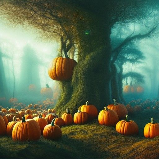 Enigmatic Pumpkin Forest: Surreal Digital Illustration