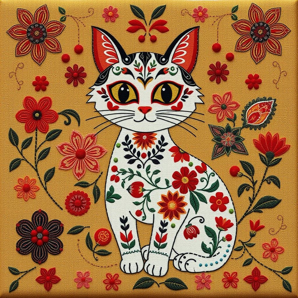 Whimsical Cat Adorned in Vibrant Hungarian Folk Art Motifs
