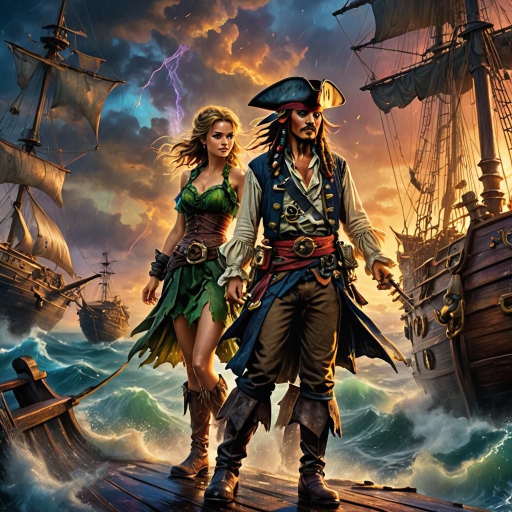 Tinker Bell and Captain Jack Sparrow on Stormy Seas