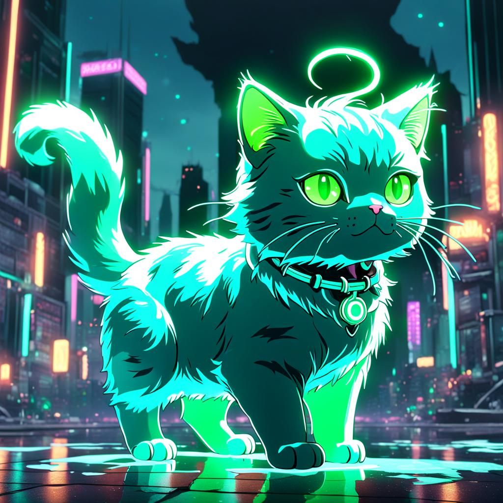 Neon Anime Mint Green Cat in Detailed Painting