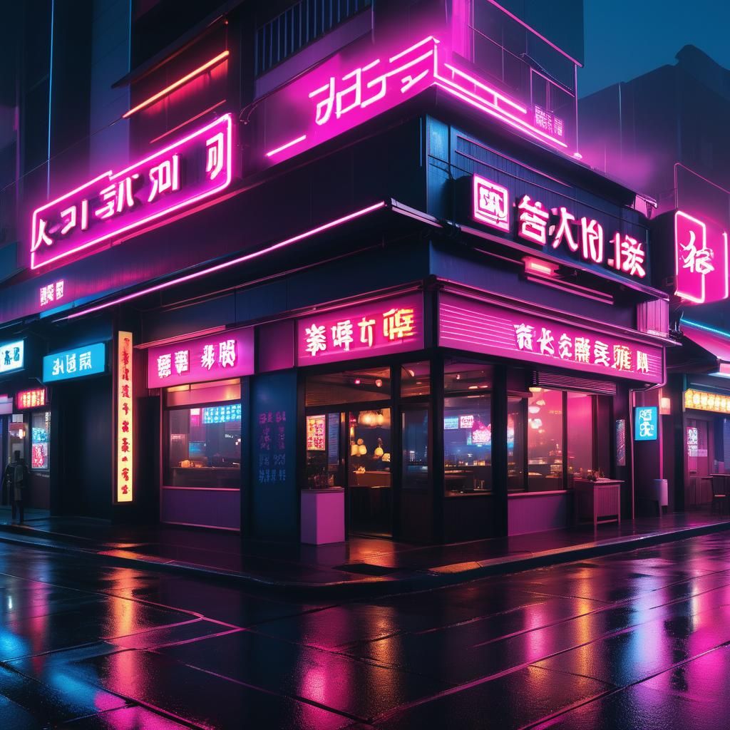 Neon Synthwave Cityscape Restaurant in 80s Retrowave Style