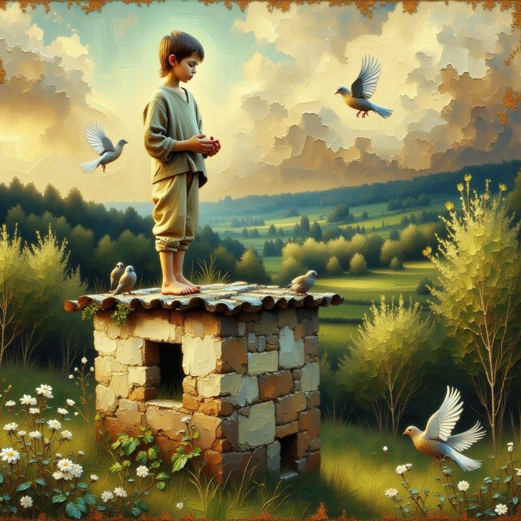 Young Boy Cradles Dove on Rustic Dovecote Rooftop in Serene ...