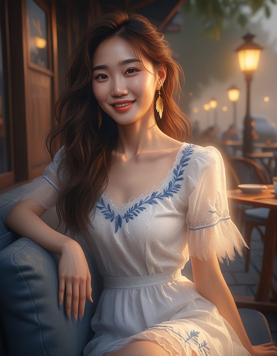 Korean Woman Lounging in Cafe: Romantic Realism