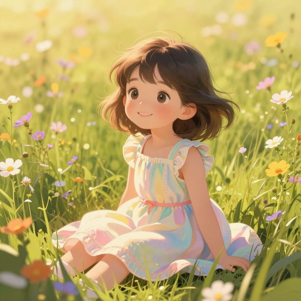 Charming Girl in Wildflower Field at Golden Hour